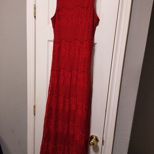 Laura size 4 long red dress 54% nylon, 46% cotton and lining 100% polyester